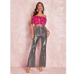 SHEIN BAE High Waist Flare Leg Silver Metallic Pants